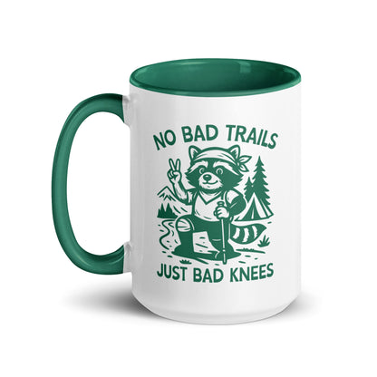 No Bad Trails Just Bad Knees Hiking Accent Coffee Mug by Spinsterly Co, glossy green interior ceramic mug