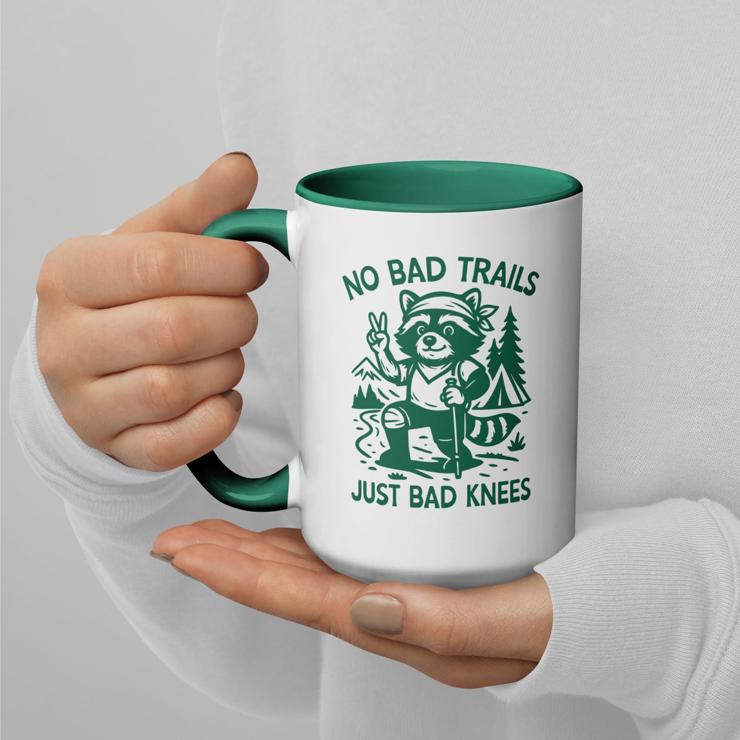 No Bad Trails Just Bad Knees Hiking Accent Coffee Mug by Spinsterly Co with glossy ceramic finish and green interior