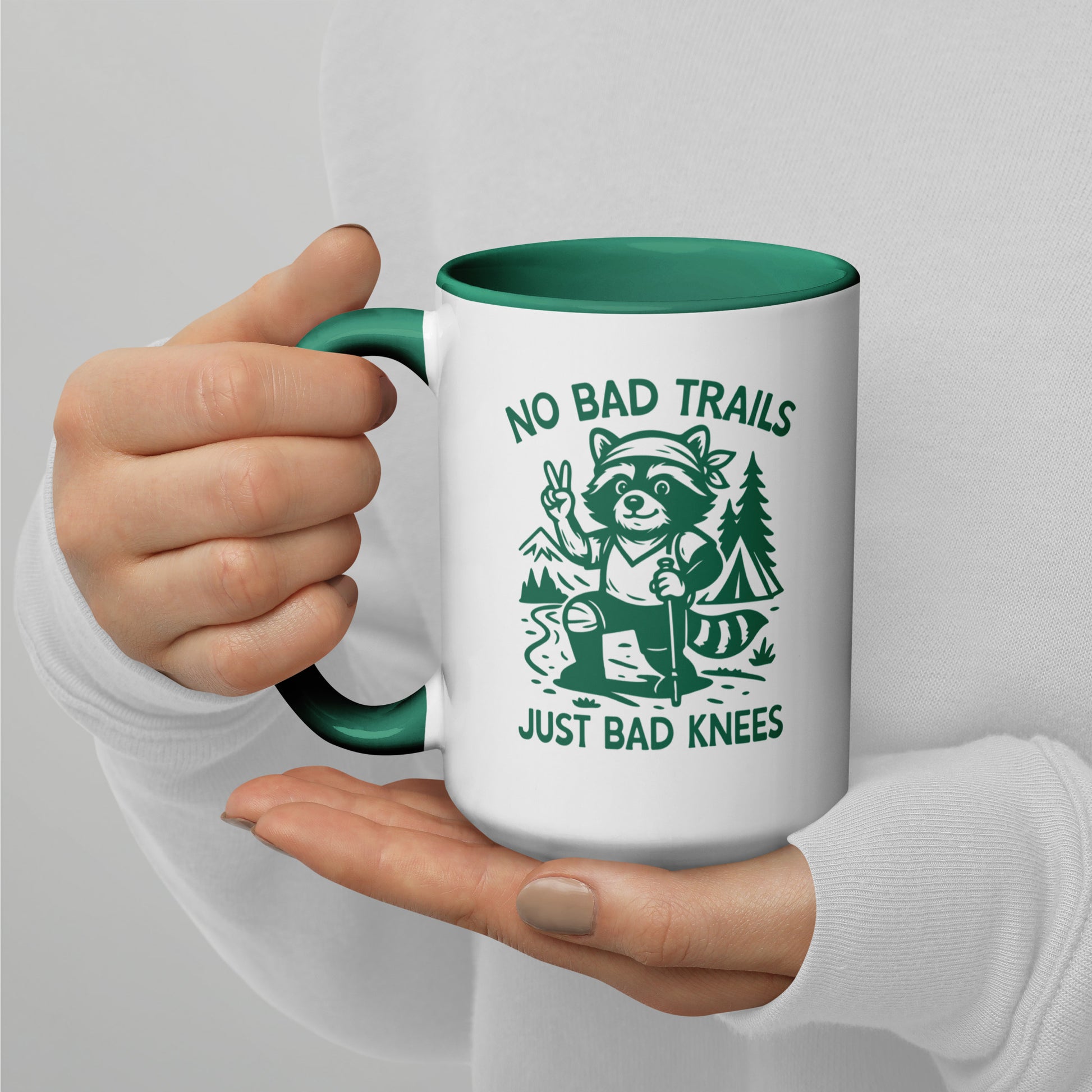No Bad Trails Just Bad Knees Hiking Accent Coffee Mug by Spinsterly Co with glossy ceramic finish and green interior