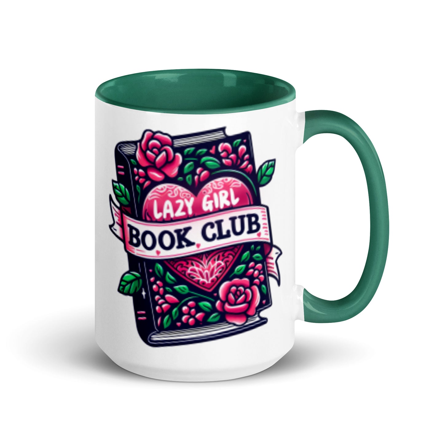 Green-handled Lazy Girl Book Club mug viewed from the side, showing the deep navy body, 15oz