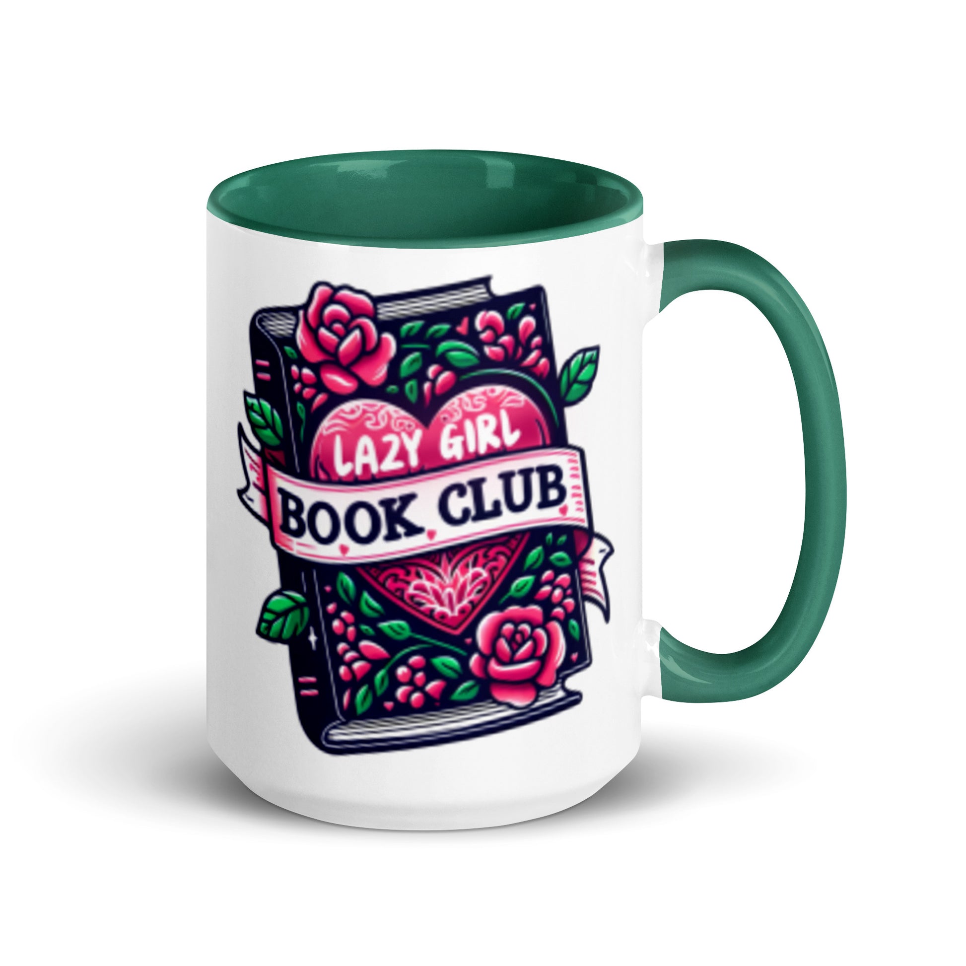Green-handled Lazy Girl Book Club mug viewed from the side, showing the deep navy body, 15oz