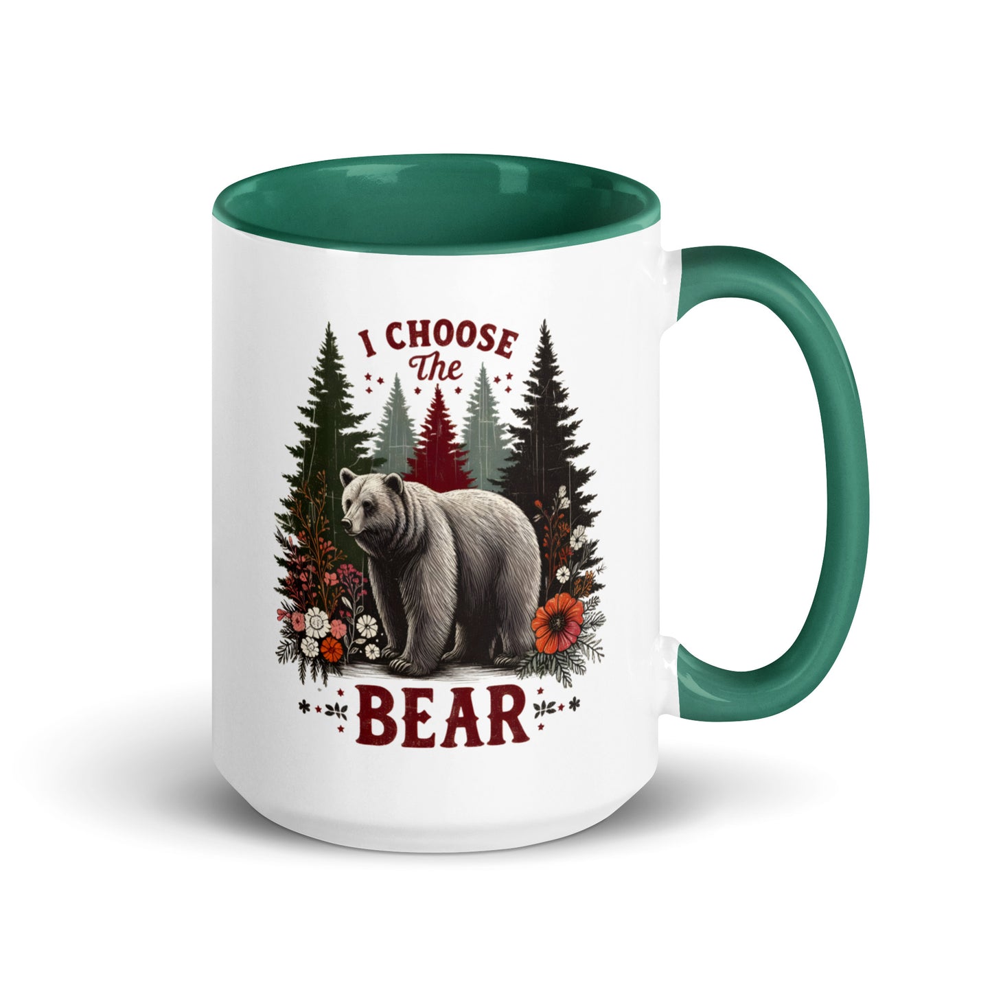 I Choose the Bear Forest Floral Accent Coffee Mug by Spinsterly Co, glossy ceramic with green interior