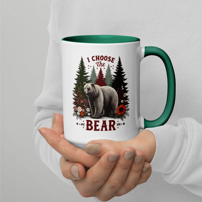 I Choose the Bear Forest Floral Accent Coffee Mug by Spinsterly Co, glossy ceramic with green interior