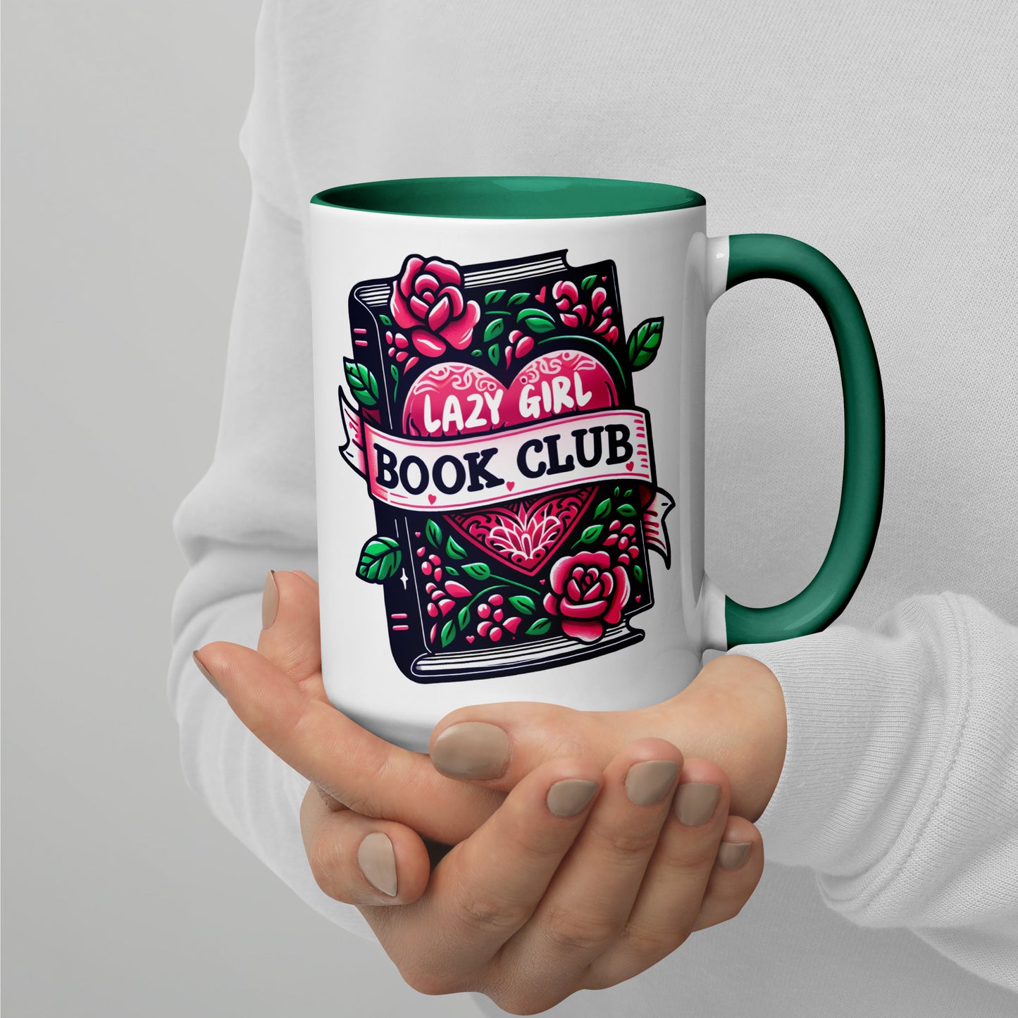 Lazy Girl Book Club Mug Spinsterly Co ceramic coffee mug with glossy tattoo style books and roses, green interior