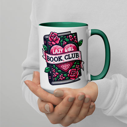 Lazy Girl Book Club Mug Spinsterly Co ceramic coffee mug with glossy tattoo style books and roses, green interior