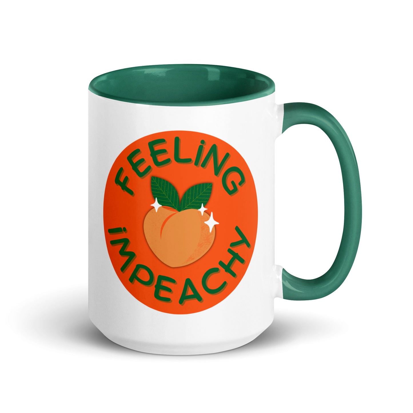 Feeling Impeachy Peach Political Accent Coffee Mug by Spinsterly Co, glossy ceramic with green interior