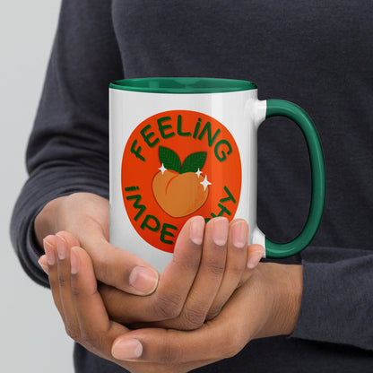 Feeling Impeachy Peach Political Accent Coffee Mug by Spinsterly Co, glossy ceramic with green interior and badge print