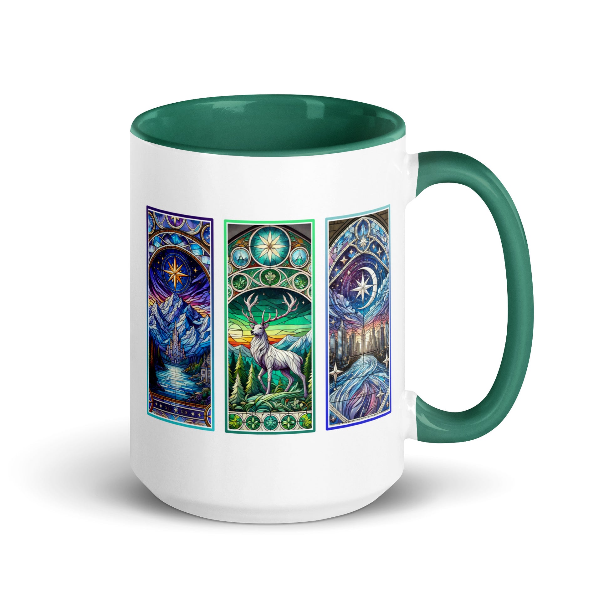 Stained Glass Fantasy Triptych Accent Coffee Mug Spinsterly Co ceramic mug in green with glossy three-panel artwork