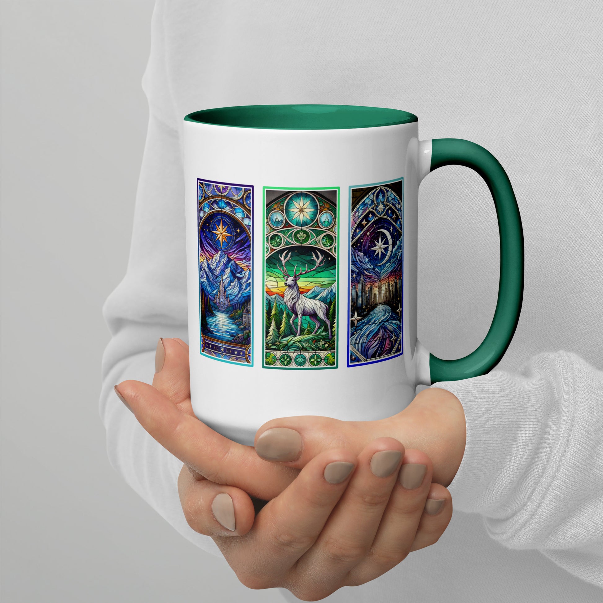 Stained Glass Fantasy Triptych Accent Coffee Mug Spinsterly Co ceramic mug with glossy white body and green rim