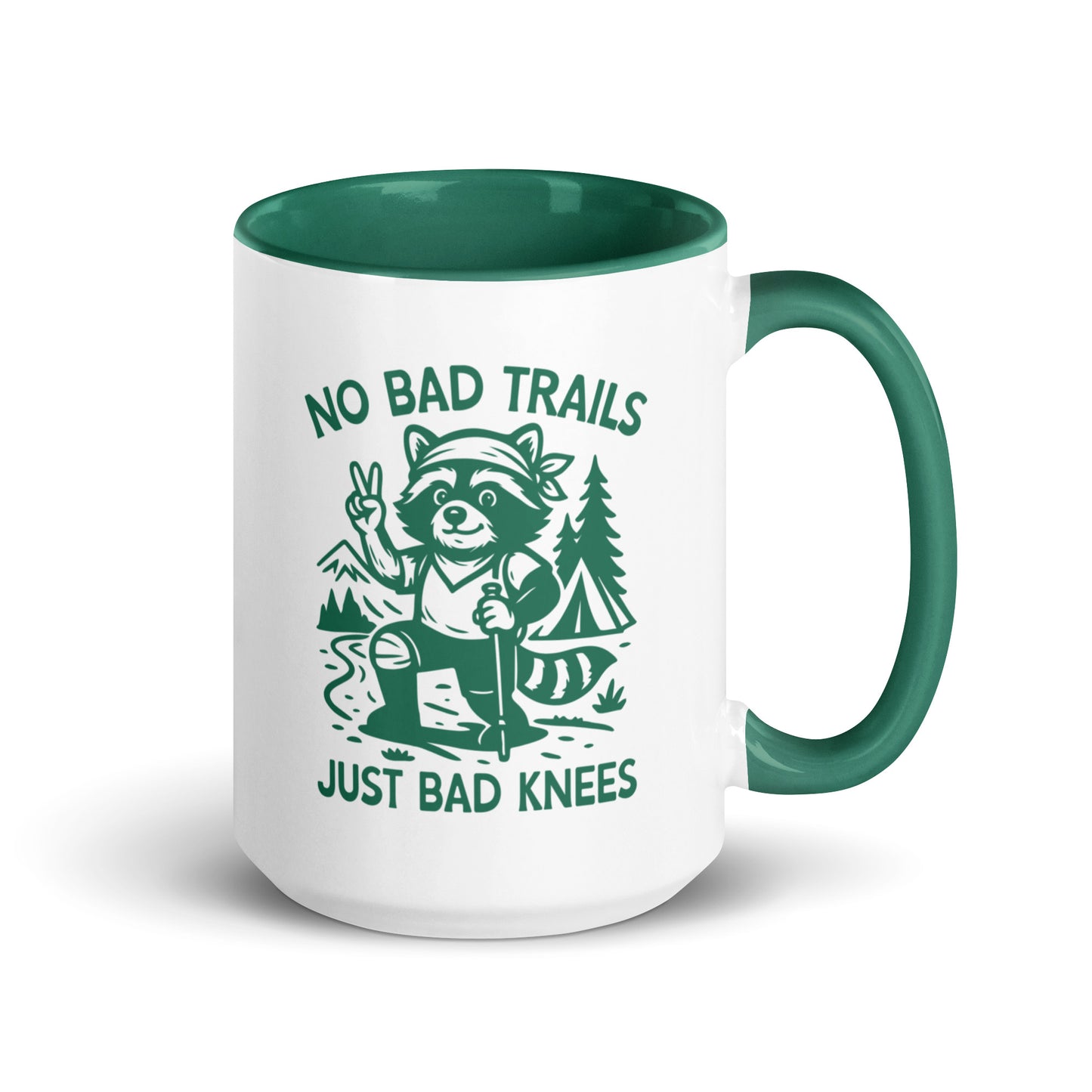 No Bad Trails Just Bad Knees Hiking Accent Coffee Mug by Spinsterly Co, glossy ceramic with green interior