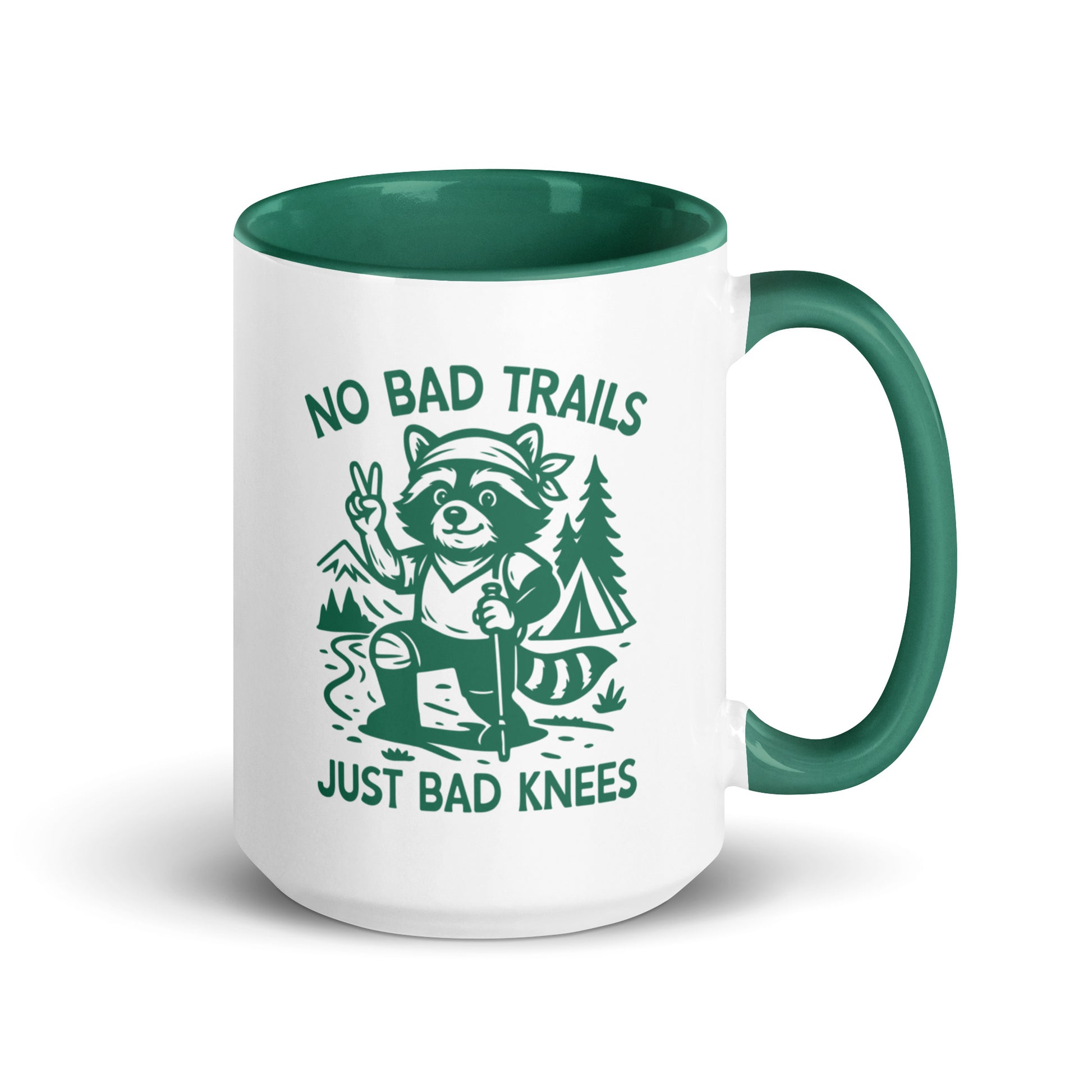 No Bad Trails Just Bad Knees Hiking Accent Coffee Mug by Spinsterly Co, glossy ceramic with green interior