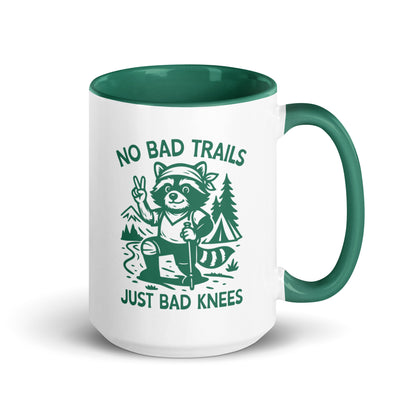 No Bad Trails Just Bad Knees Hiking Accent Coffee Mug by Spinsterly Co, glossy ceramic with green interior