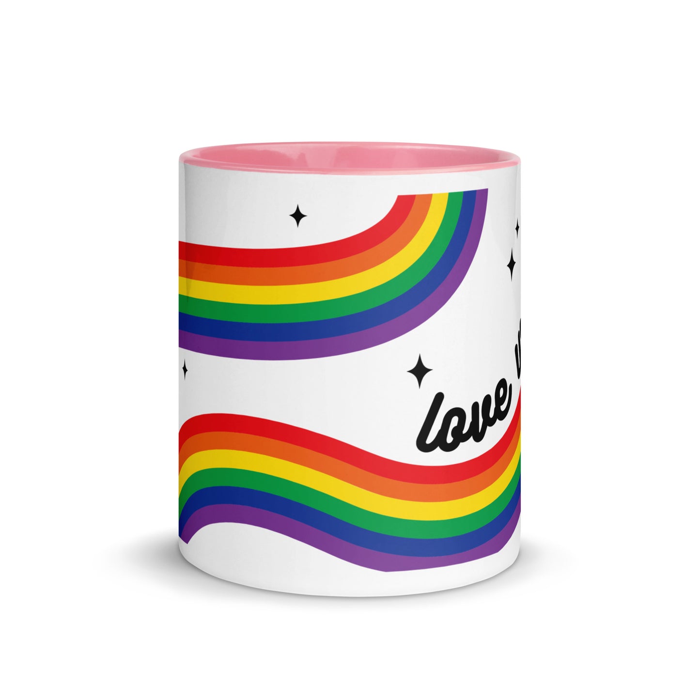 Love is Love Rainbow Pride Accent Coffee Mug by Spinsterly Co, Pink ceramic with rainbow stripe and sparkle stars