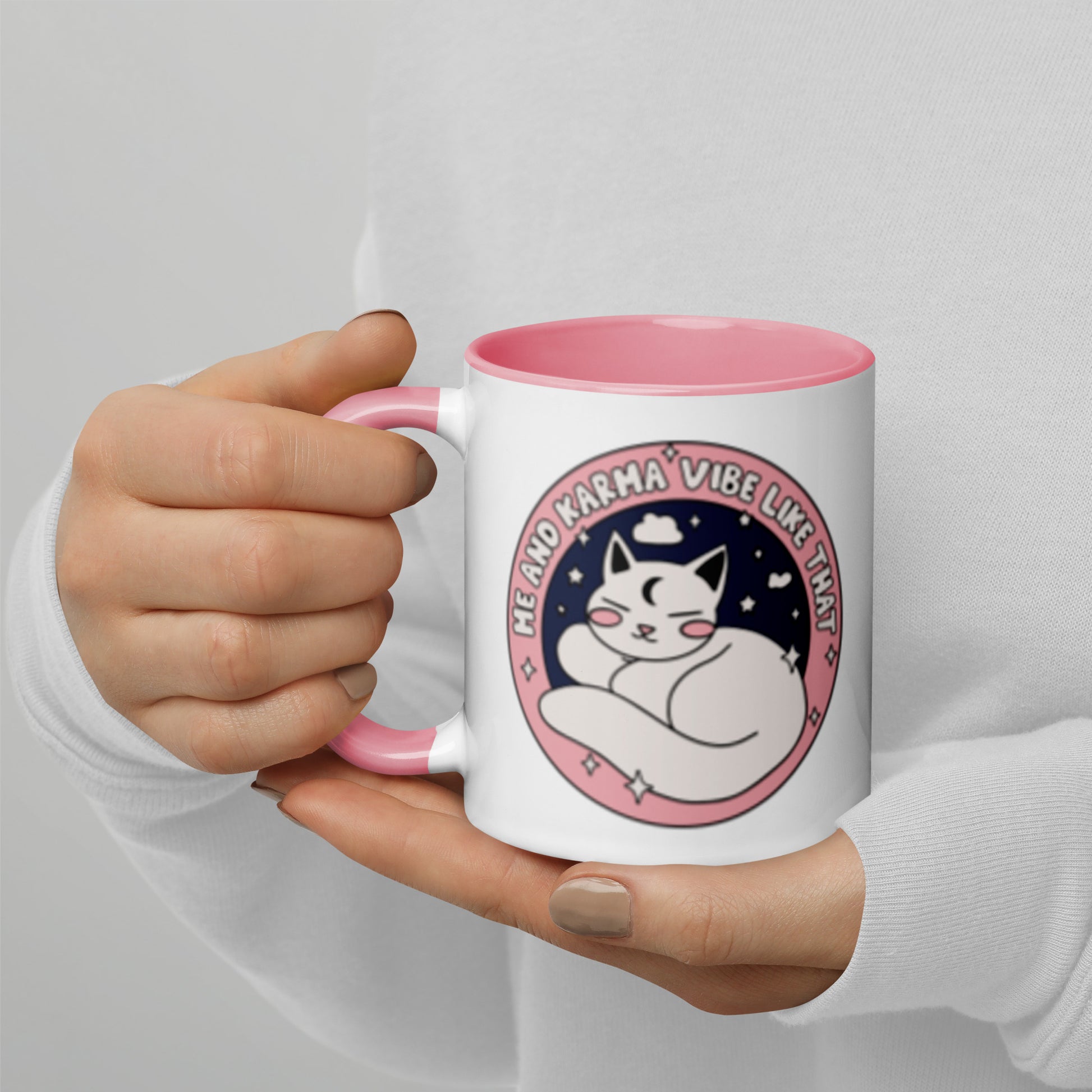Cozy Cat Energy Mug Starry Cat Ceramic Mug by Spinsterly Co with glossy pink interior and double sided cat art