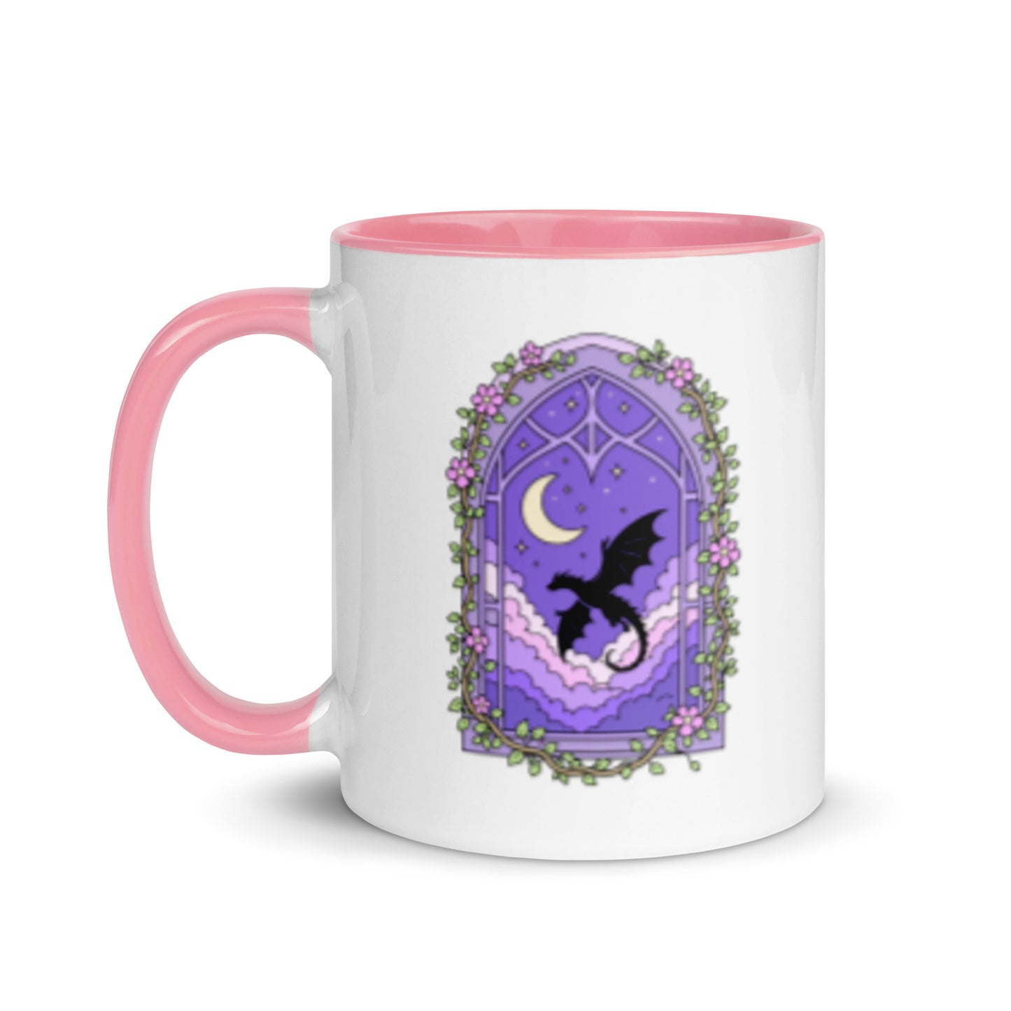 Fantasy Dragon Moon Mug by Spinsterly Co ceramic mug with glossy white body, pink rim, and purple dragon art