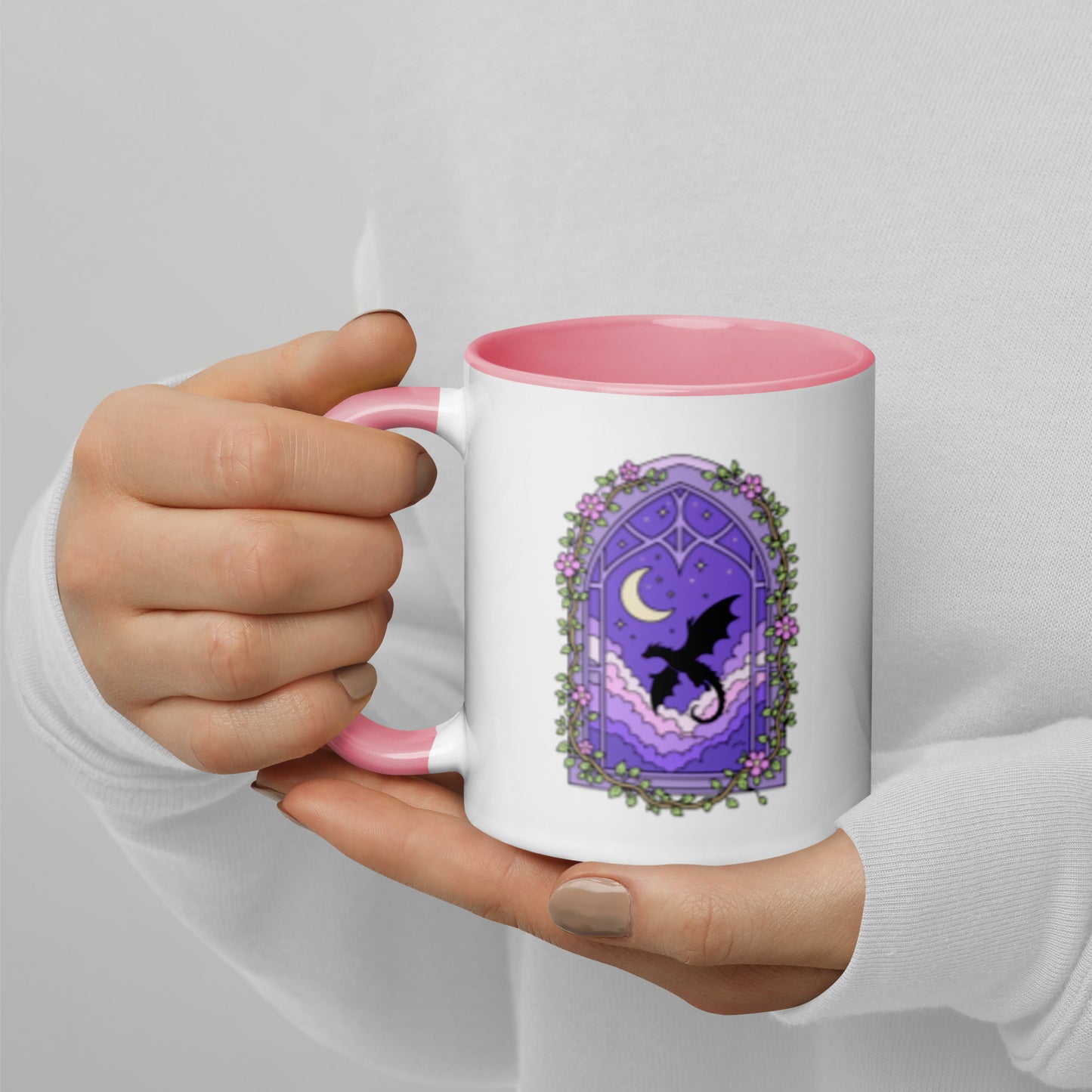 Fantasy Dragon Moon Mug Spinsterly Co ceramic mug with glossy white finish and pink interior, dragon moon graphic