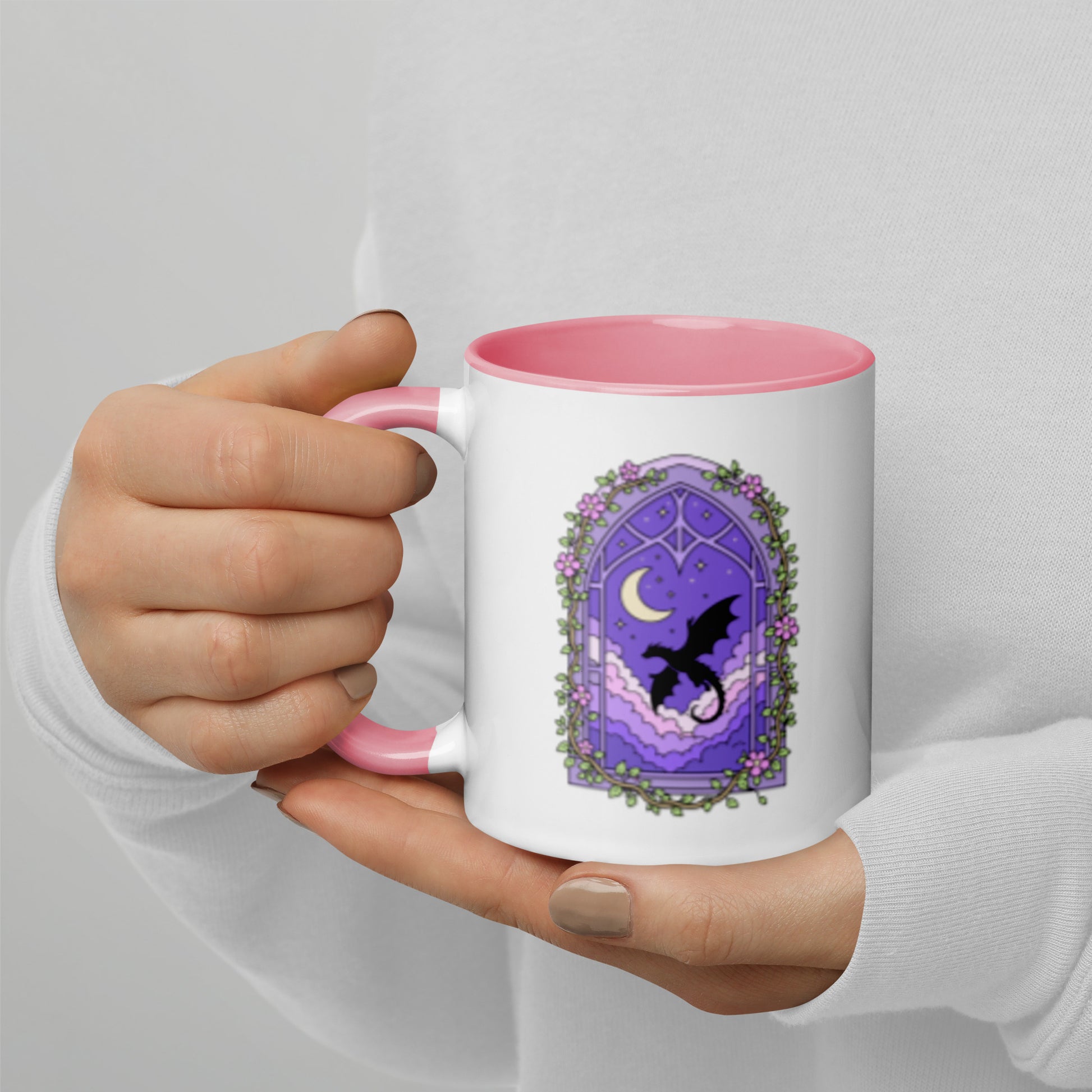Fantasy Dragon Moon Mug Spinsterly Co ceramic mug with glossy white finish and pink interior, dragon moon graphic