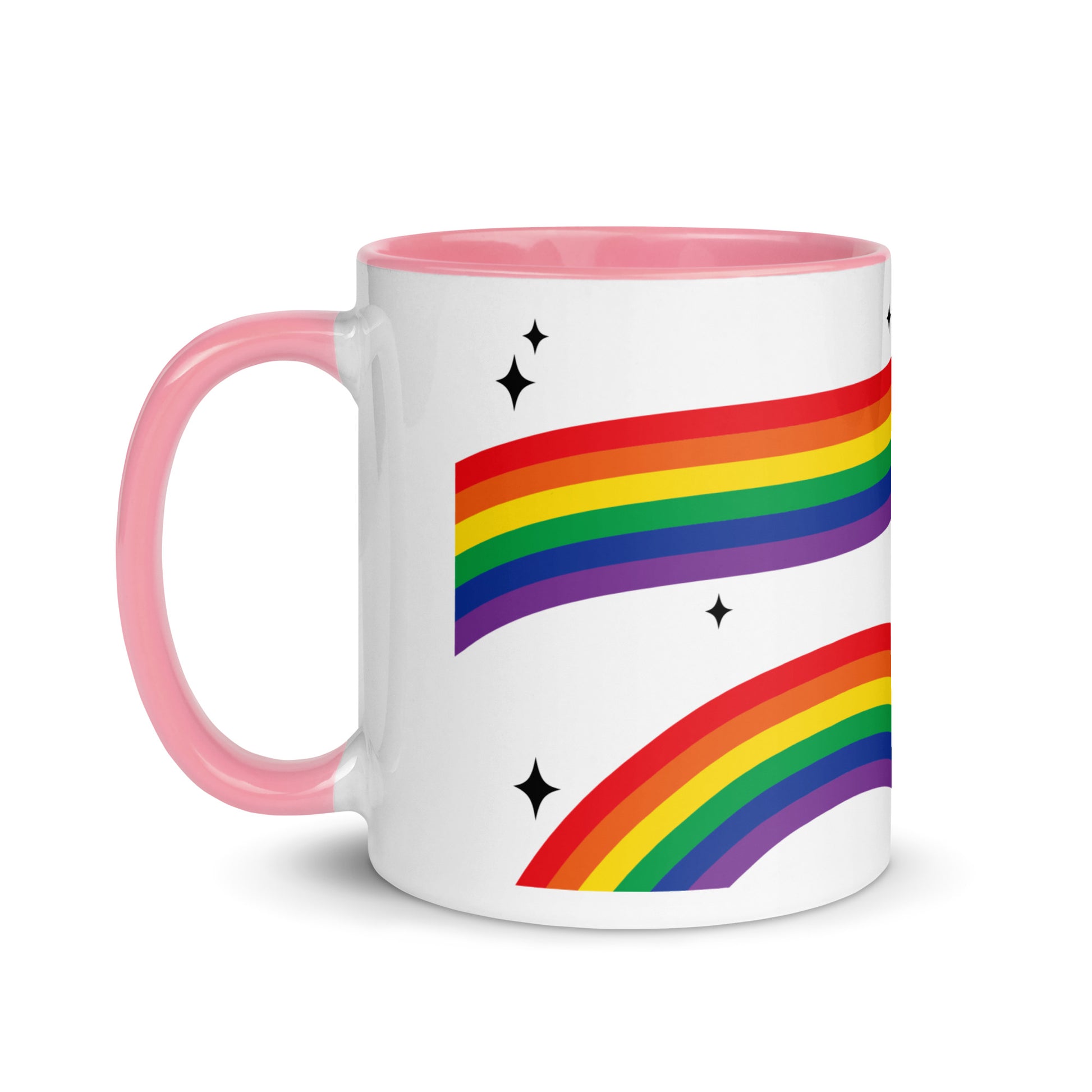 Love is Love Rainbow Pride Accent Coffee Mug LGBTQIA Gift by Spinsterly Co, pink rim and handle with rainbow stripe