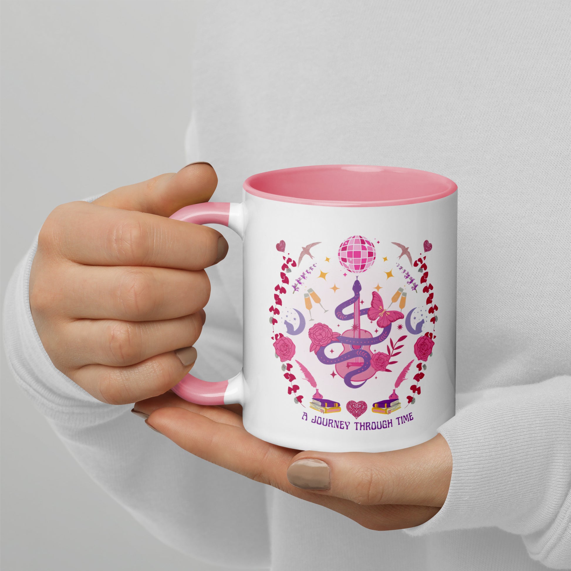 A Journey Through Time Pop Musical Era Coffee Mug by Spinsterly Co, glossy ceramic with pink interior