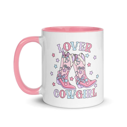 Lover Cowgirl Coquette Western Boot Accent Coffee Mug by Spinsterly, pink interior ceramic with glossy print