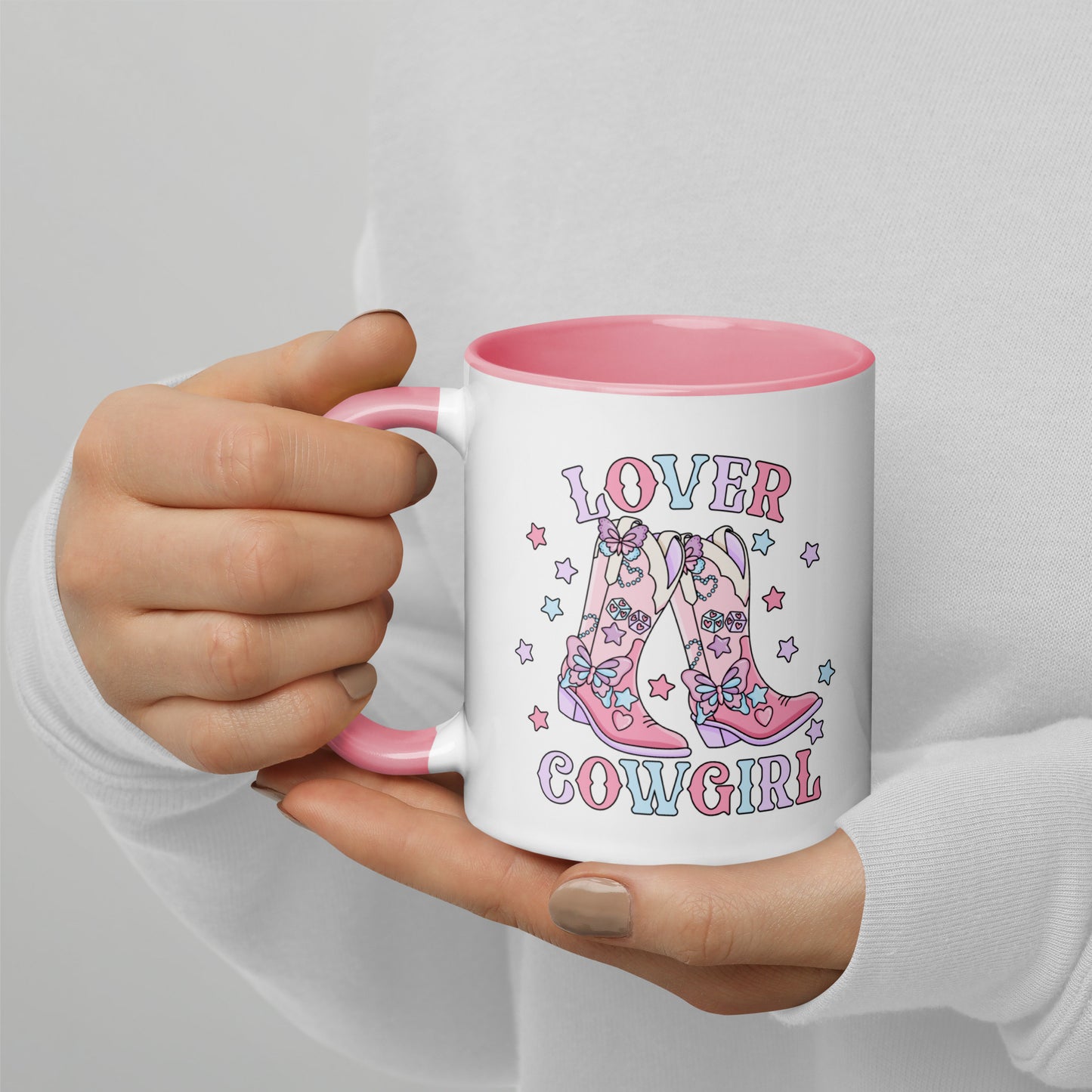 Lover Cowgirl Coquette Western Boot Accent Coffee Mug by Spinsterly, white ceramic with pink interior and glossy print