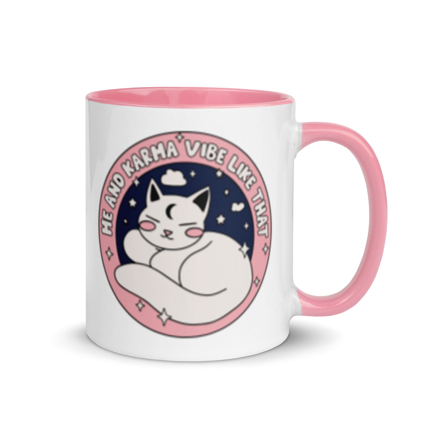 Cozy Cat Energy Mug Spinsterly Co ceramic coffee mug with glossy finish and pink interior starry cat