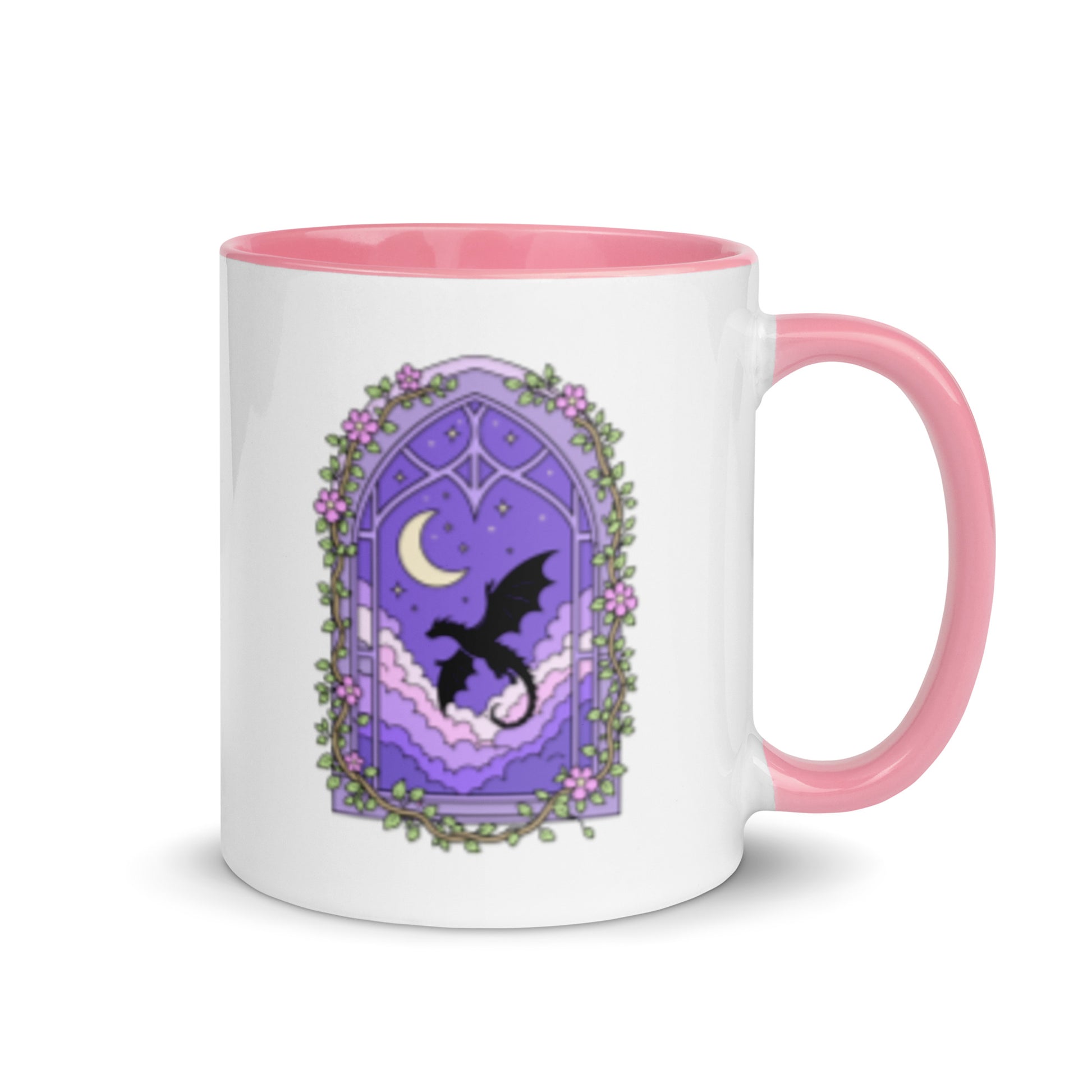 Fantasy Dragon Moon Mug by Spinsterly Co ceramic mug with glossy finish, pink interior and purple dragon graphic