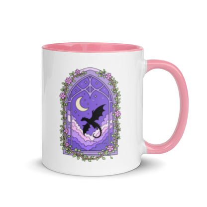 Fantasy Dragon Moon Mug by Spinsterly Co ceramic mug with glossy finish, pink interior and purple dragon graphic