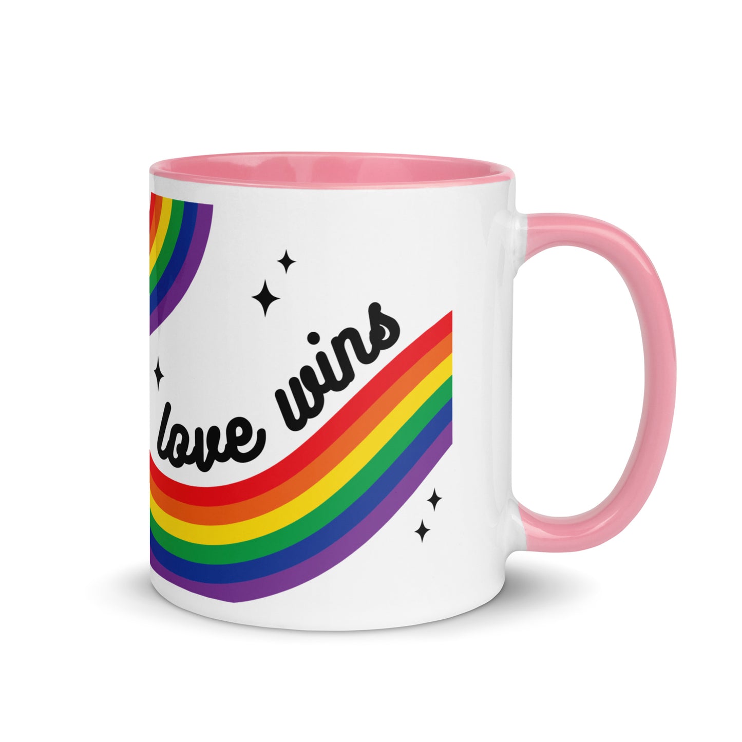 Love is Love Rainbow Pride Accent Coffee Mug LGBTQIA Gift by Spinsterly Co, pink rim and handle with rainbow stripe