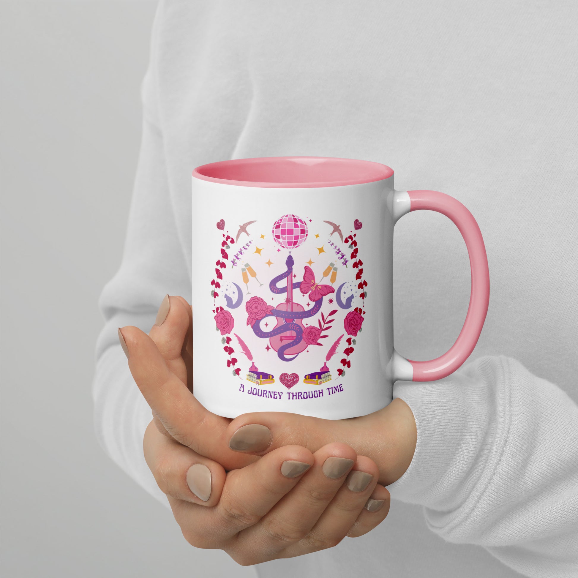 A Journey Through Time Pop Musical Era Coffee Mug by Spinsterly Co, pink interior ceramic with glossy print