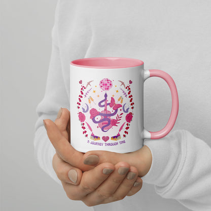 A Journey Through Time Pop Musical Era Coffee Mug by Spinsterly Co, pink interior ceramic with glossy print