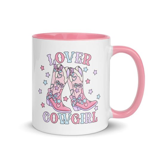 Lover Cowgirl Coquette Western Boot Accent Coffee Mug by Spinsterly Co with glossy white ceramic and pink interior