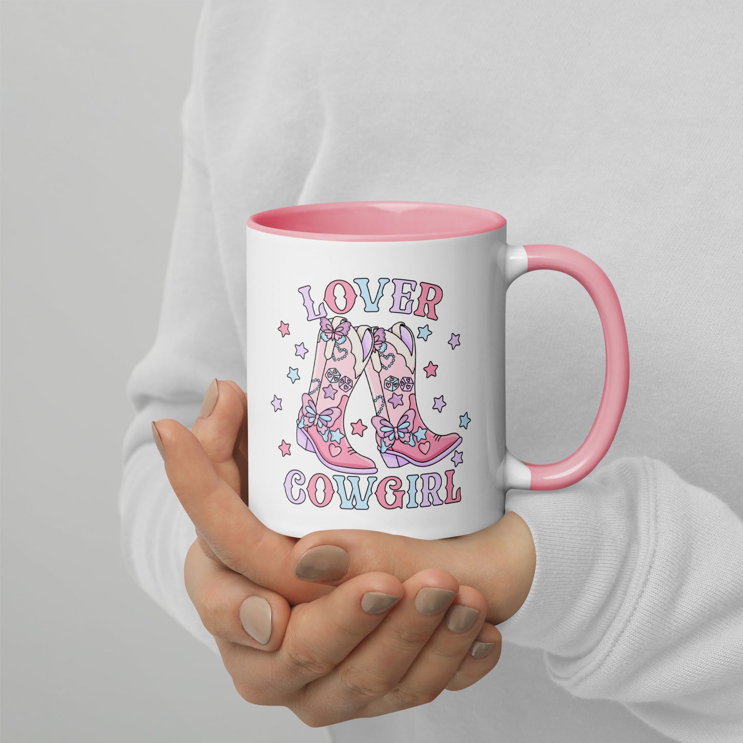 Lover Cowgirl Coquette Western Boot Accent Coffee Mug by Spinsterly Co, pink interior ceramic with glossy print