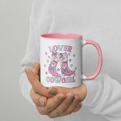Lover Cowgirl Coquette Western Boot Accent Coffee Mug by Spinsterly Co, pink interior ceramic with glossy print
