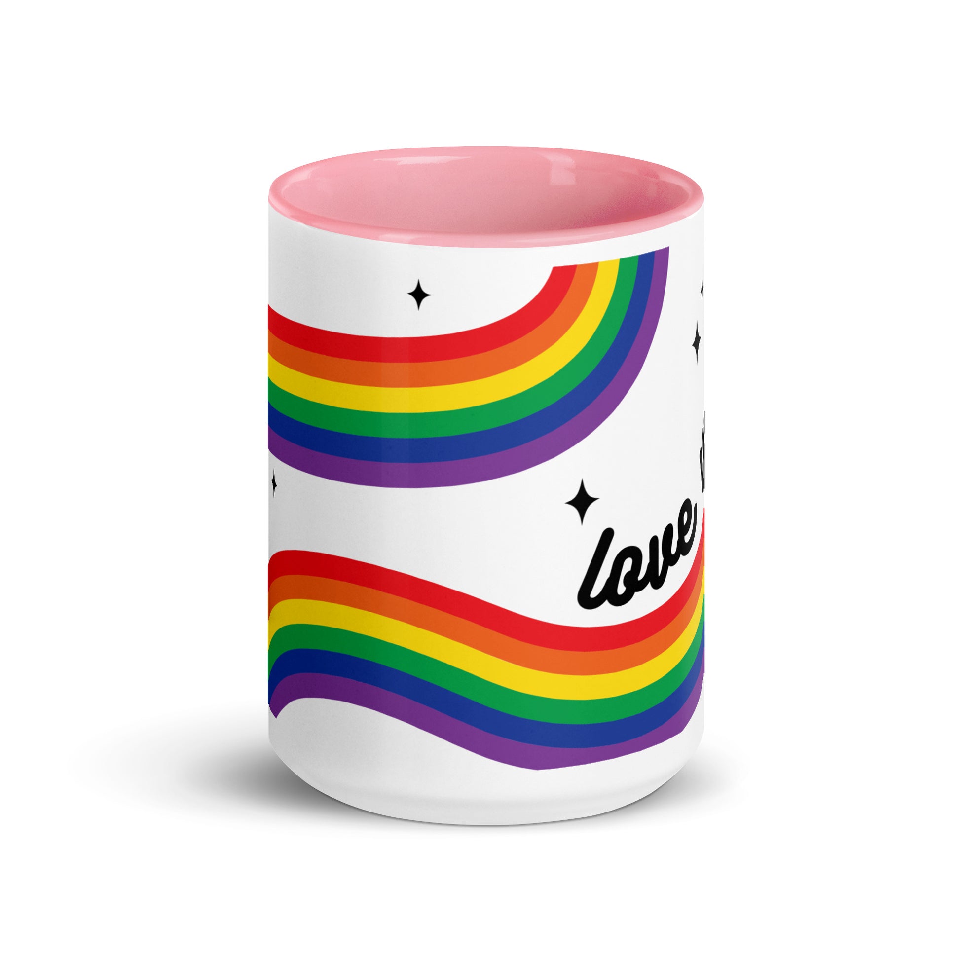 Love is Love Rainbow Pride Accent Coffee Mug LGBTQIA Gift by Spinsterly Co, ceramic with rainbow stripe and stars