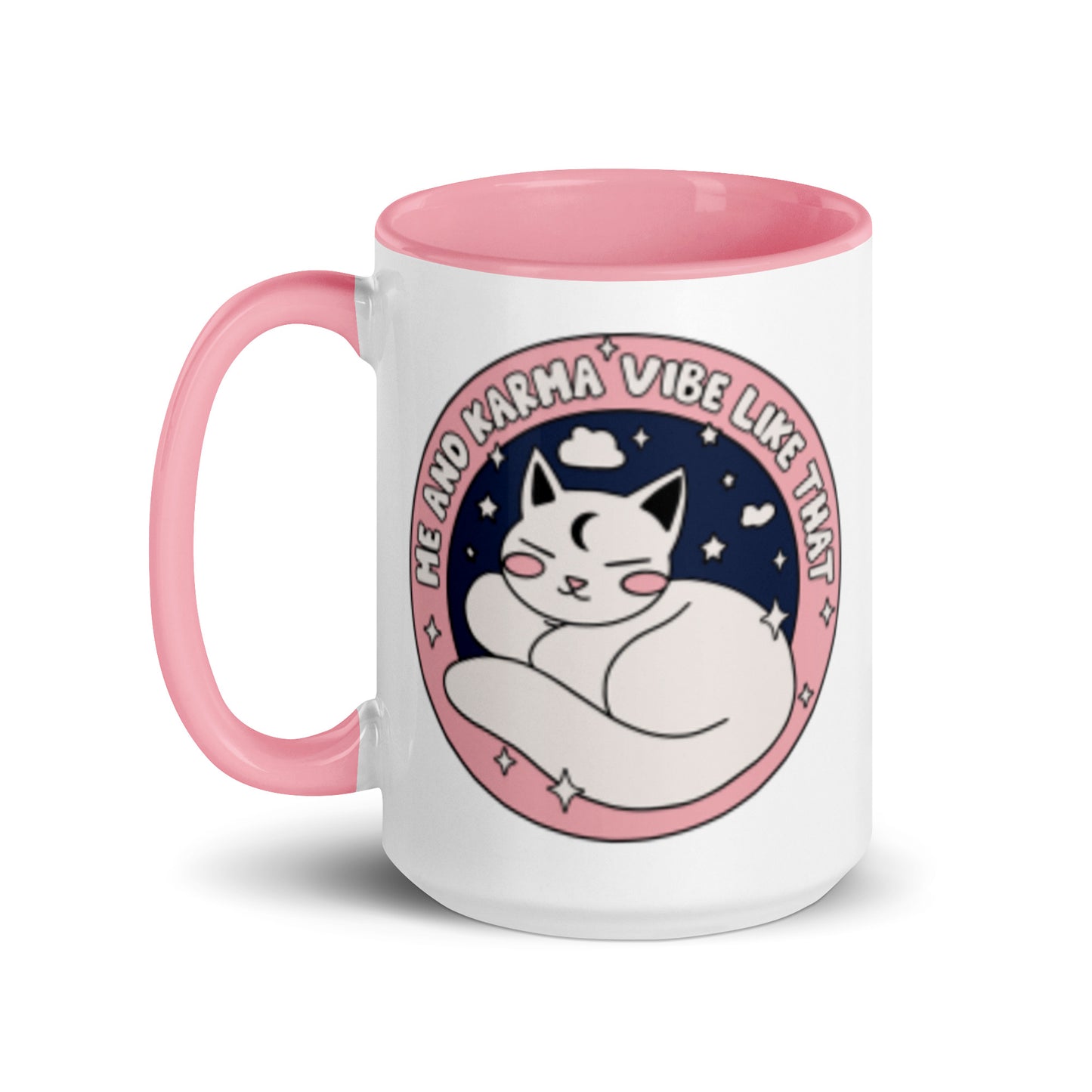 Cozy Cat Energy Mug by Spinsterly Co ceramic coffee mug with glossy finish and pink interior cat illustration
