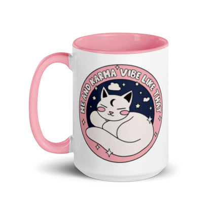 Cozy Cat Energy Mug by Spinsterly Co ceramic coffee mug with glossy finish and pink interior cat illustration
