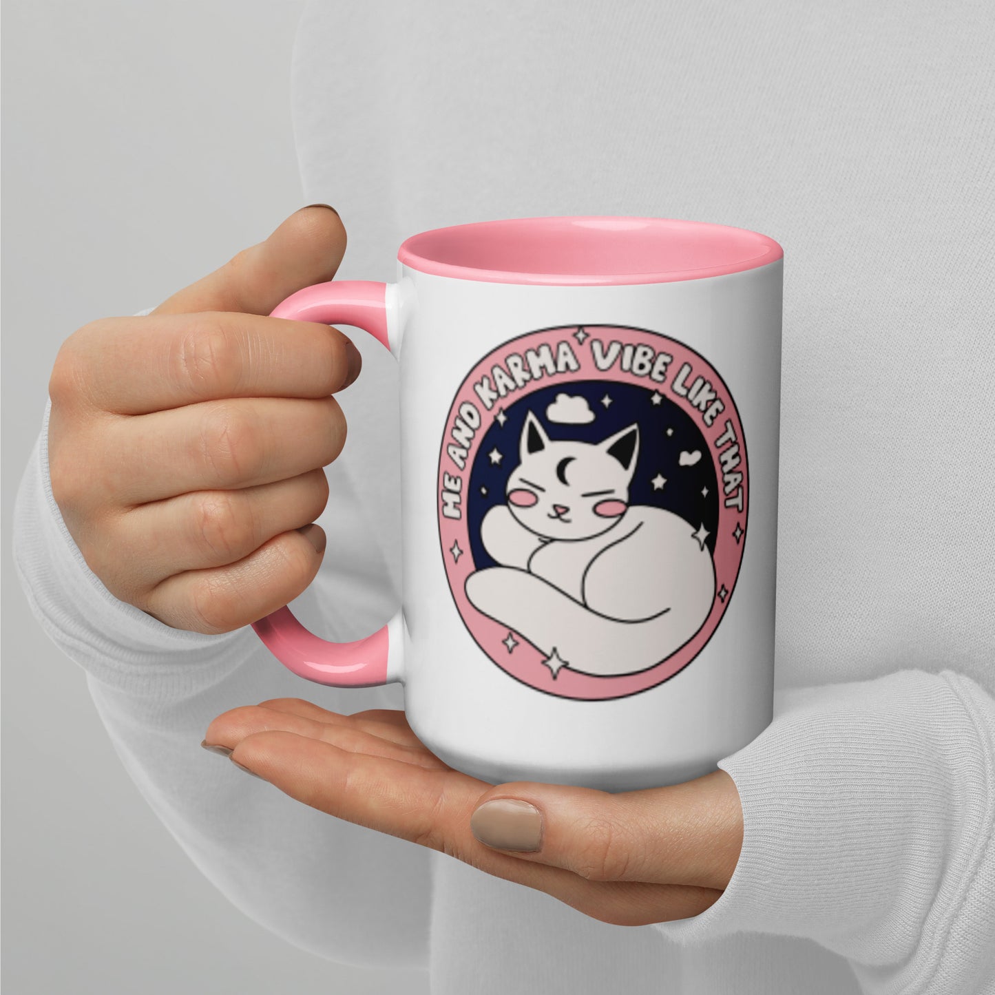 Cozy Cat Energy Mug Spinsterly Co ceramic coffee mug with pink interior and glossy finish, double sided cat illustration