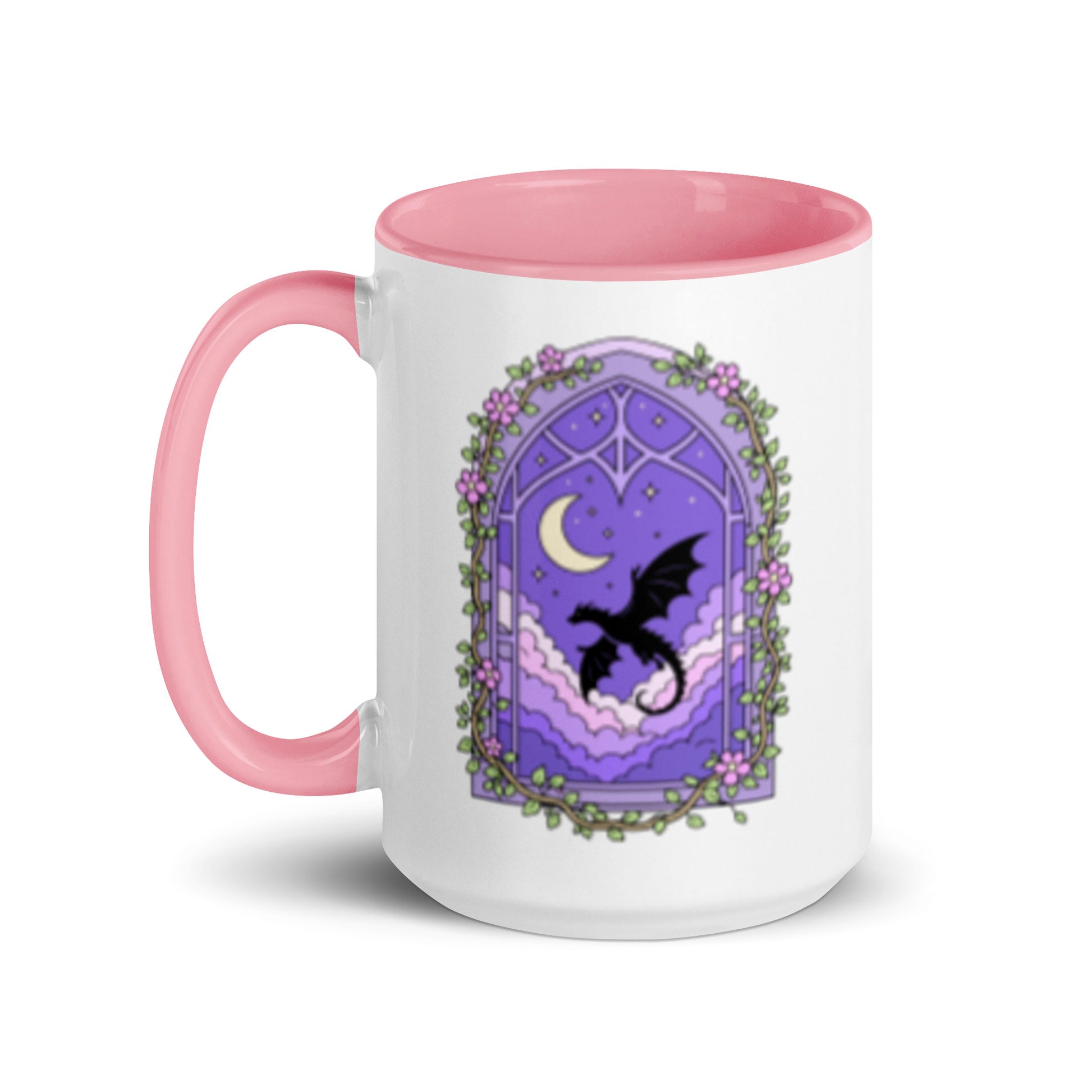 Fantasy Dragon and Moon Mug by Spinsterly Co ceramic coffee mug with glossy pink interior and purple dragon graphic