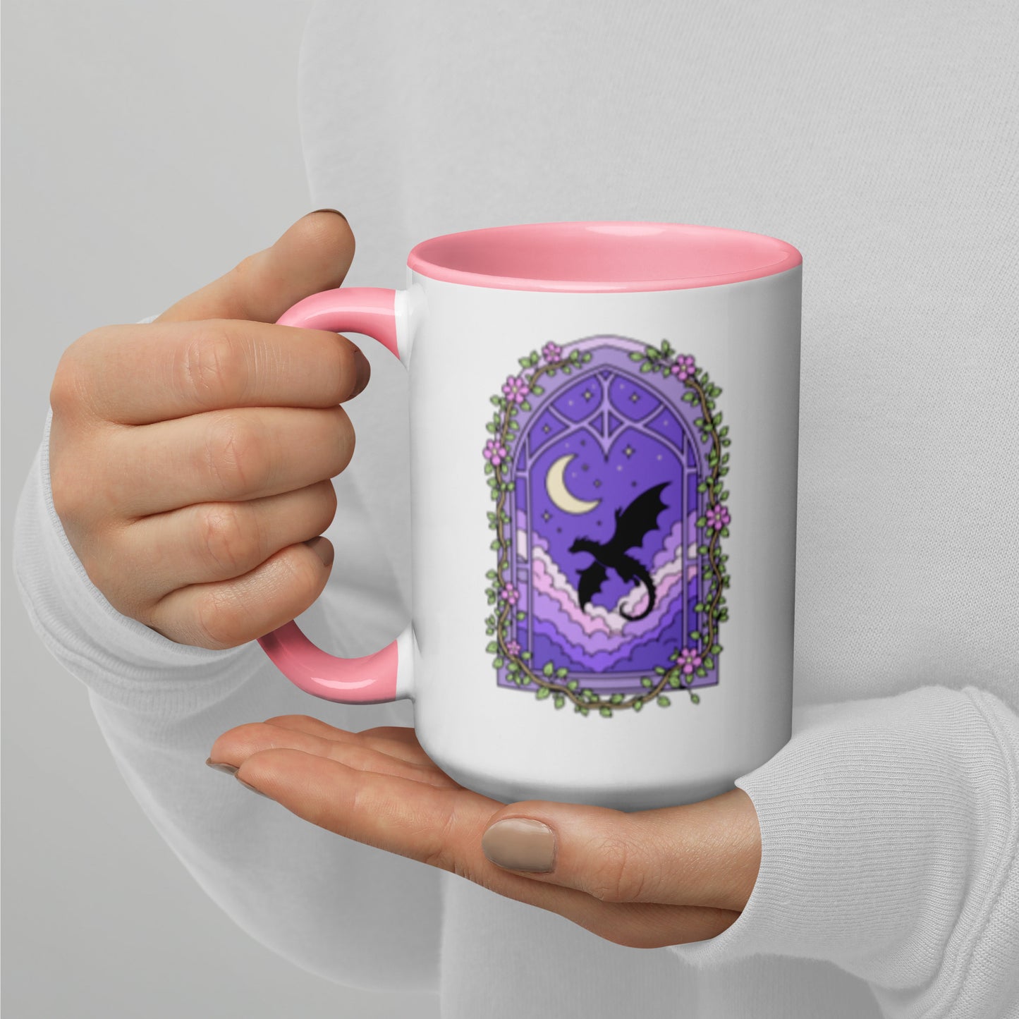 Fantasy Dragon Moon Mug by Spinsterly Co ceramic mug with glossy finish, pink interior and purple dragon art