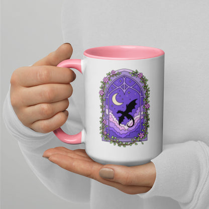 Fantasy Dragon Moon Mug by Spinsterly Co ceramic mug with glossy finish, pink interior and purple dragon art