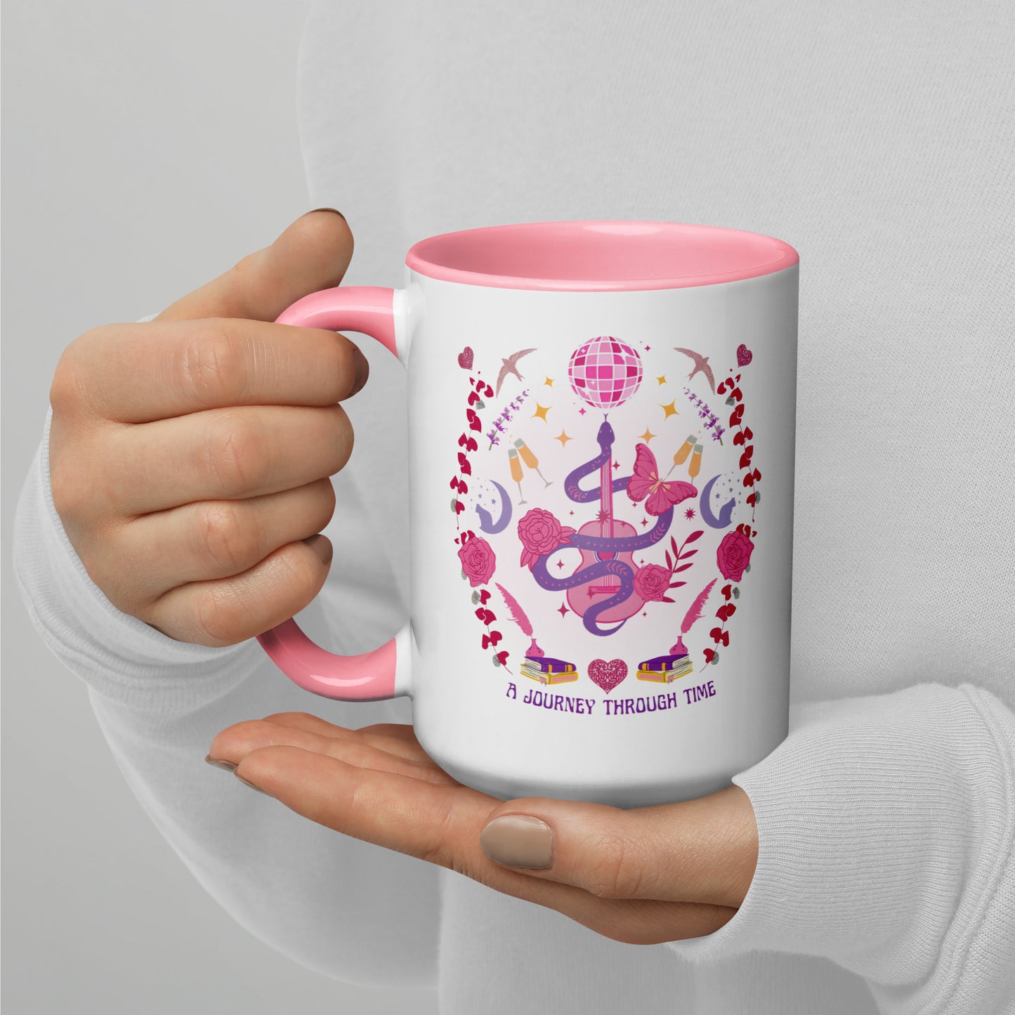 A Journey Through Time Pop Musical Era Coffee Mug by Spinsterly Co, pink interior ceramic with glossy print