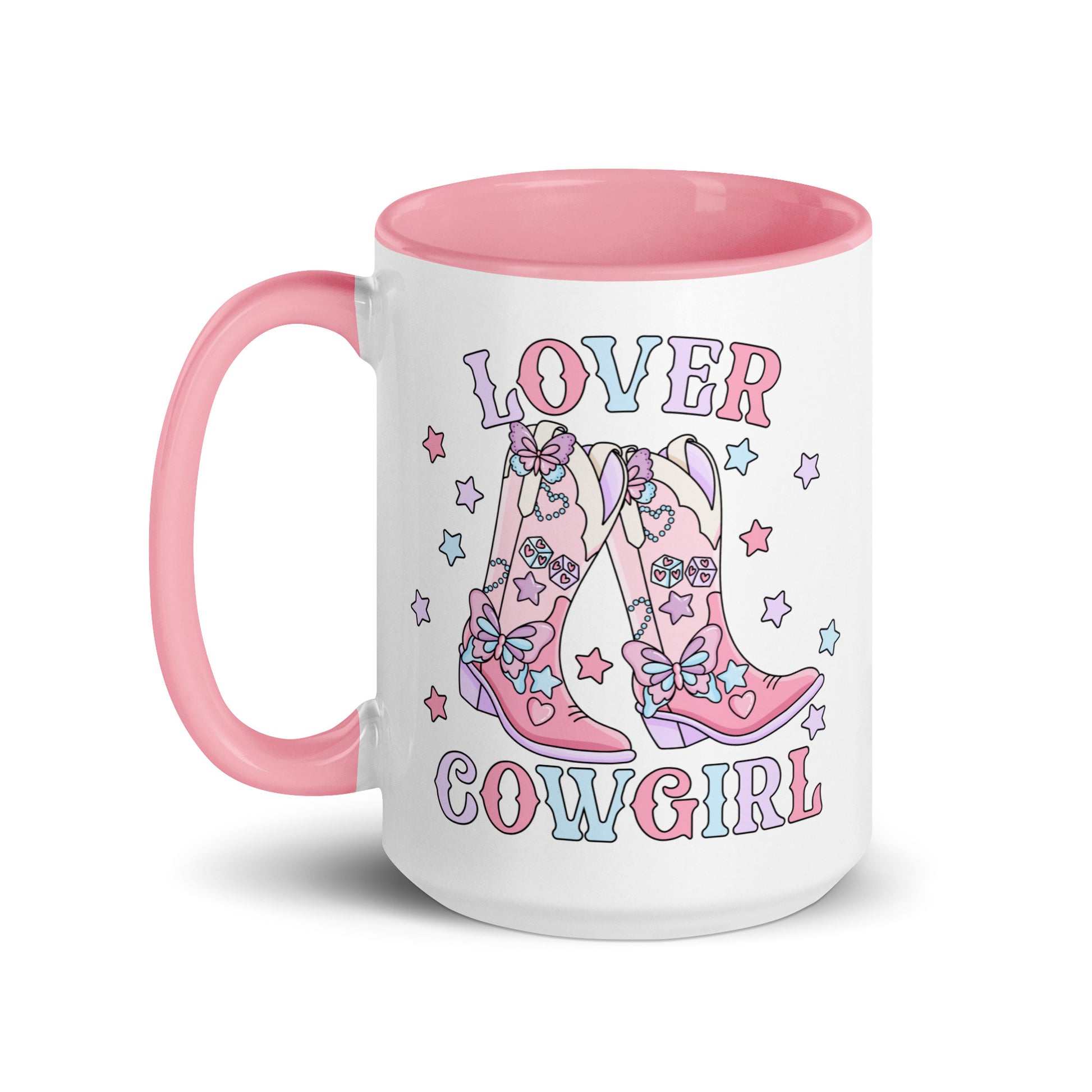 Lover Cowgirl Coquette Western Boot Accent Coffee Mug by Spinsterly Co in pink and white with glossy print