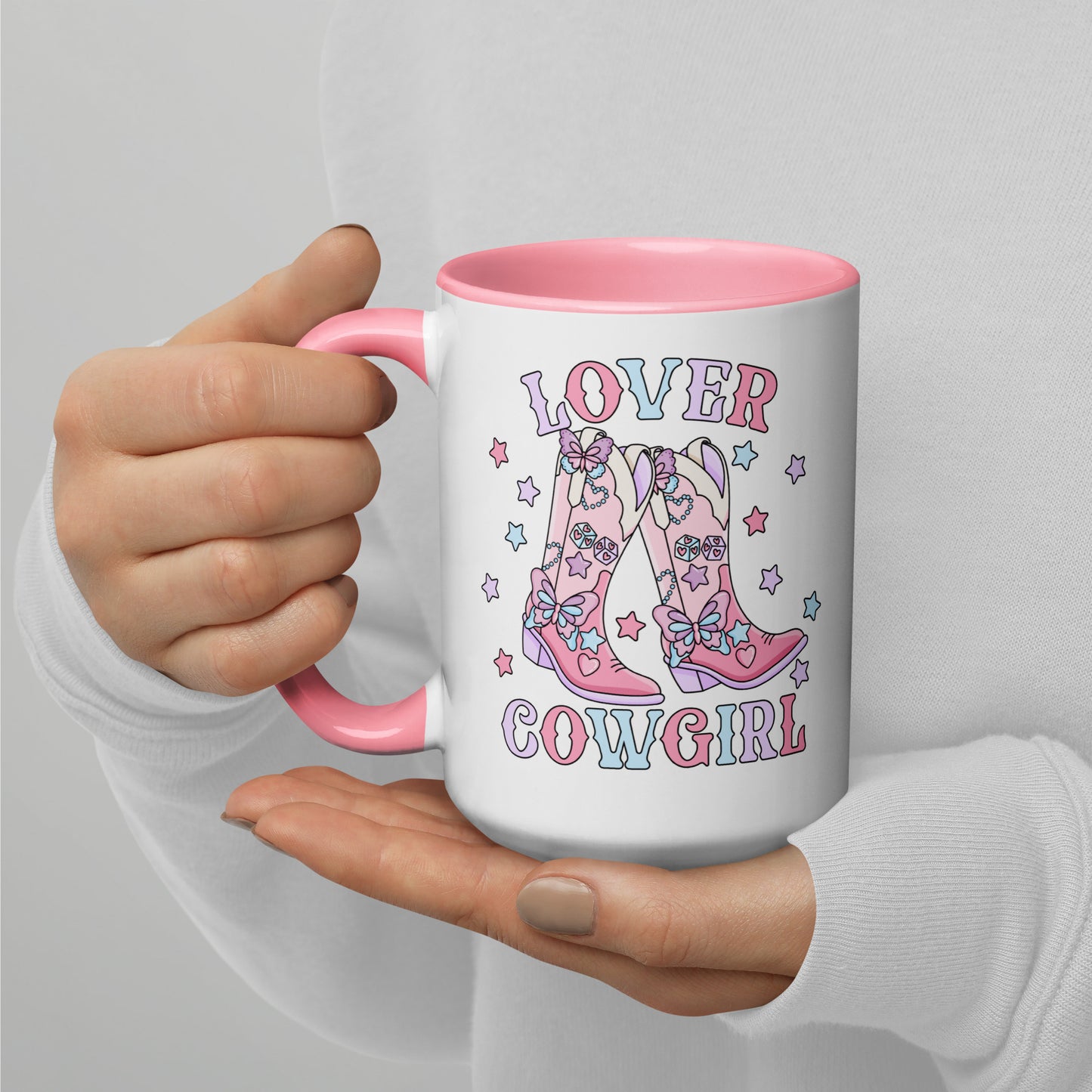 Lover Cowgirl Coquette Western Boot Accent Coffee Mug by Spinsterly Co, pink interior ceramic with glossy print