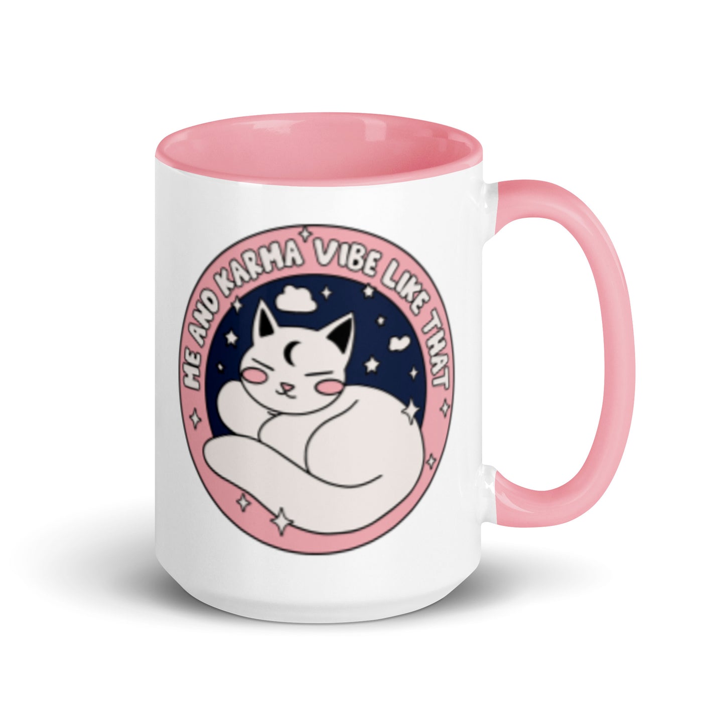 Cozy Cat Energy Mug by Spinsterly Co ceramic coffee mug with glossy white finish and pink interior