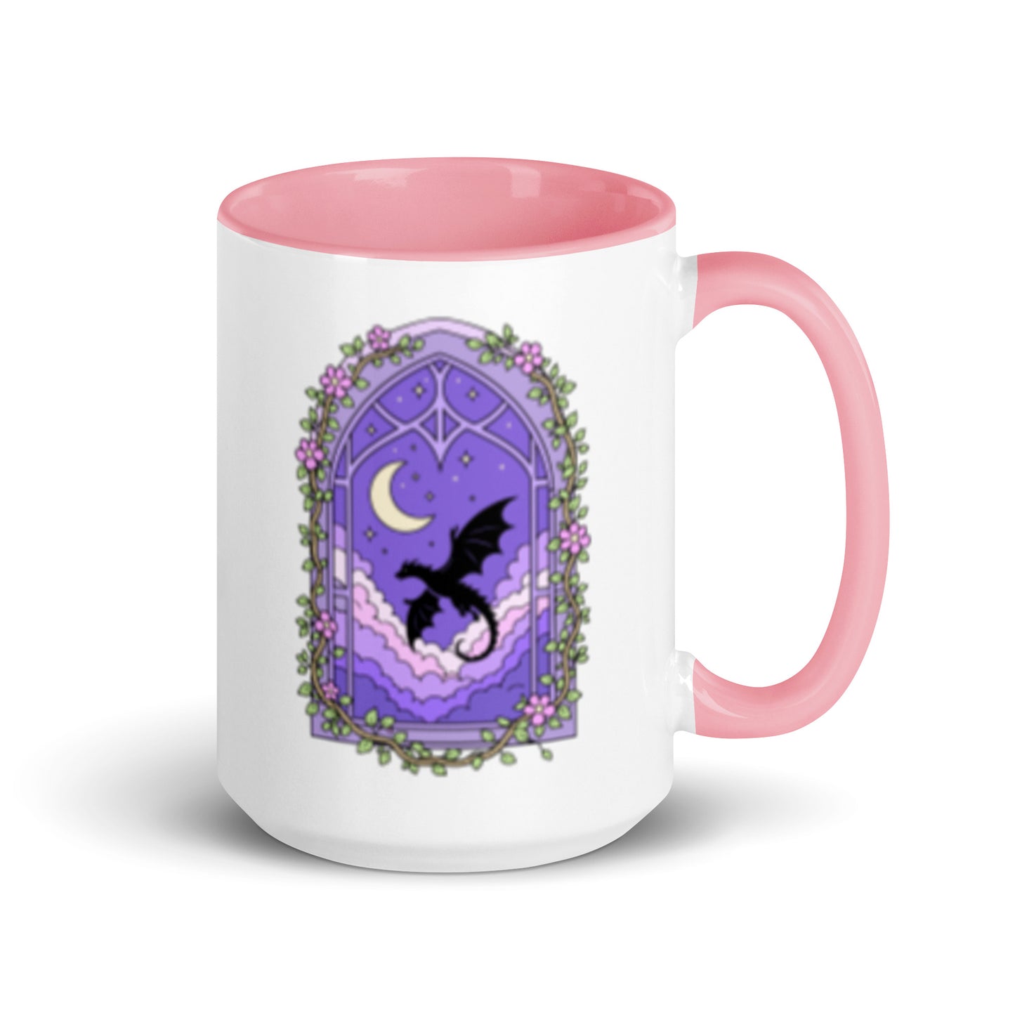 Fantasy Dragon Moon Mug by Spinsterly Co ceramic mug with glossy finish, pink interior and dragon crescent graphic