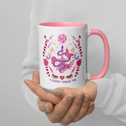A Journey Through Time Pop Musical Era Coffee Mug by Spinsterly Co, glossy ceramic with pink interior and disco ball art