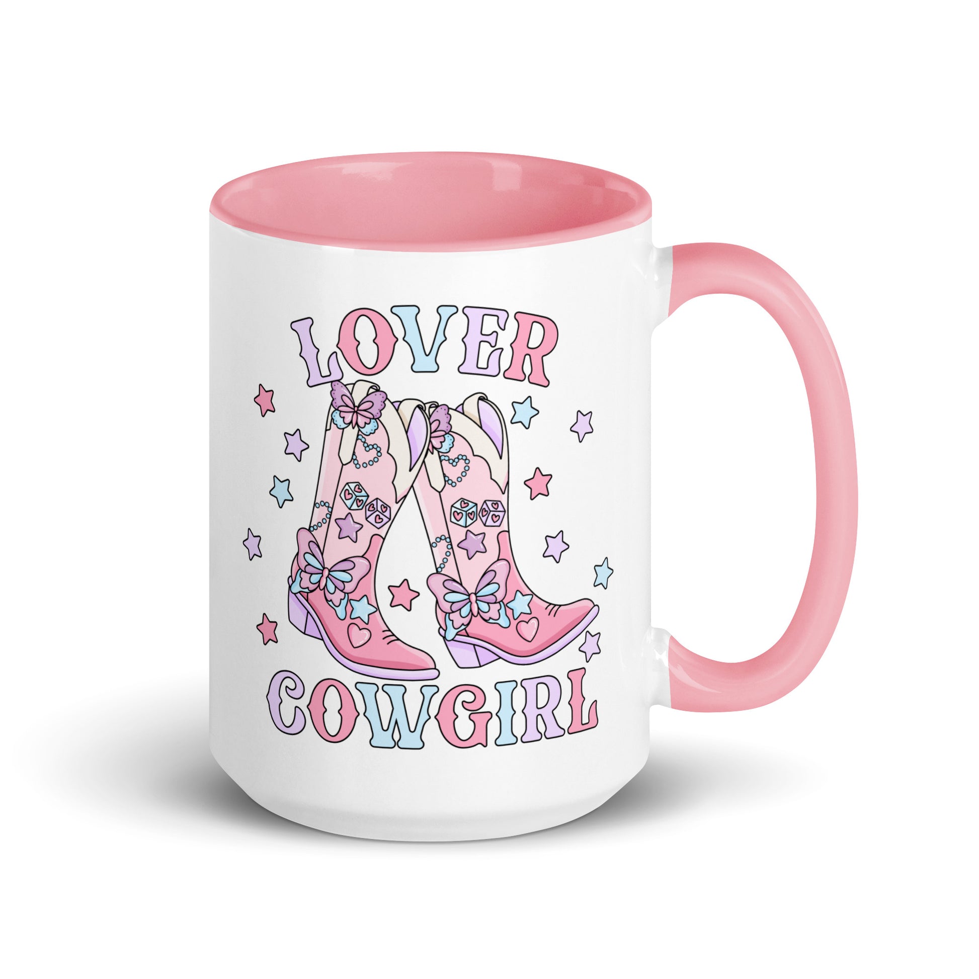 Lover Cowgirl Coquette Western Boot Accent Coffee Mug by Spinsterly Co, glossy ceramic with pink interior