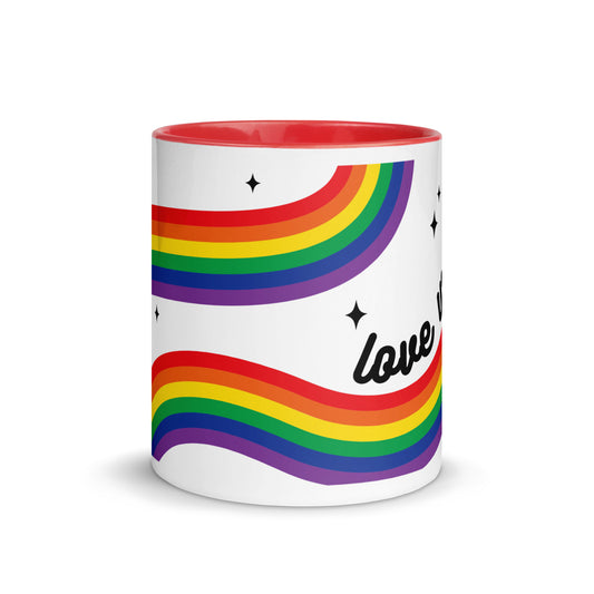 Love is Love Rainbow Pride Accent Coffee Mug by Spinsterly Co in Red with rainbow stripe and sparkle star print