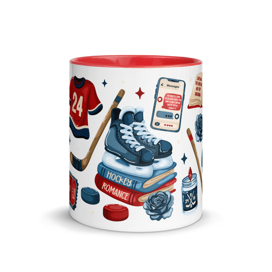 Queer Hockey Romance Scatter Pattern Accent Coffee Mug by Spinsterly Co in red and blue glossy ceramic